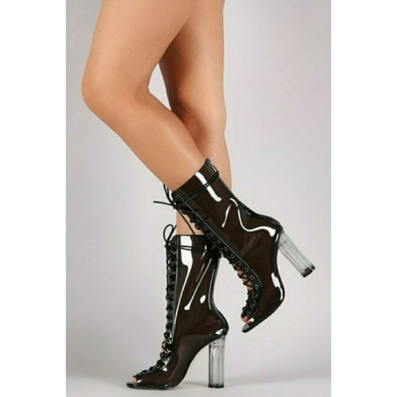 Sold▪️Black Glass Combat Peep Boots - Picture 1 of 5